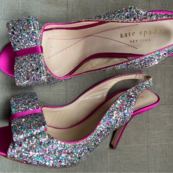 Kate Spade Fuchsia Pink Glitter Bow Heels 6.5 Shoes Sequin Peep Toe HOST PICK 💖 - Picture 2 of 5